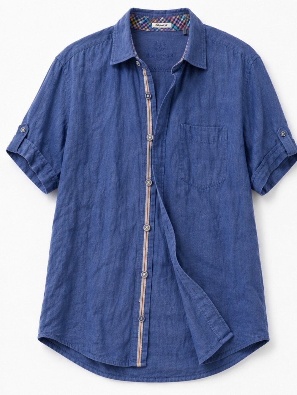 Bugatchi Uomo 100% Linen Shirt XXL Blue Short Sleeve Roll Tab Shaped Fit